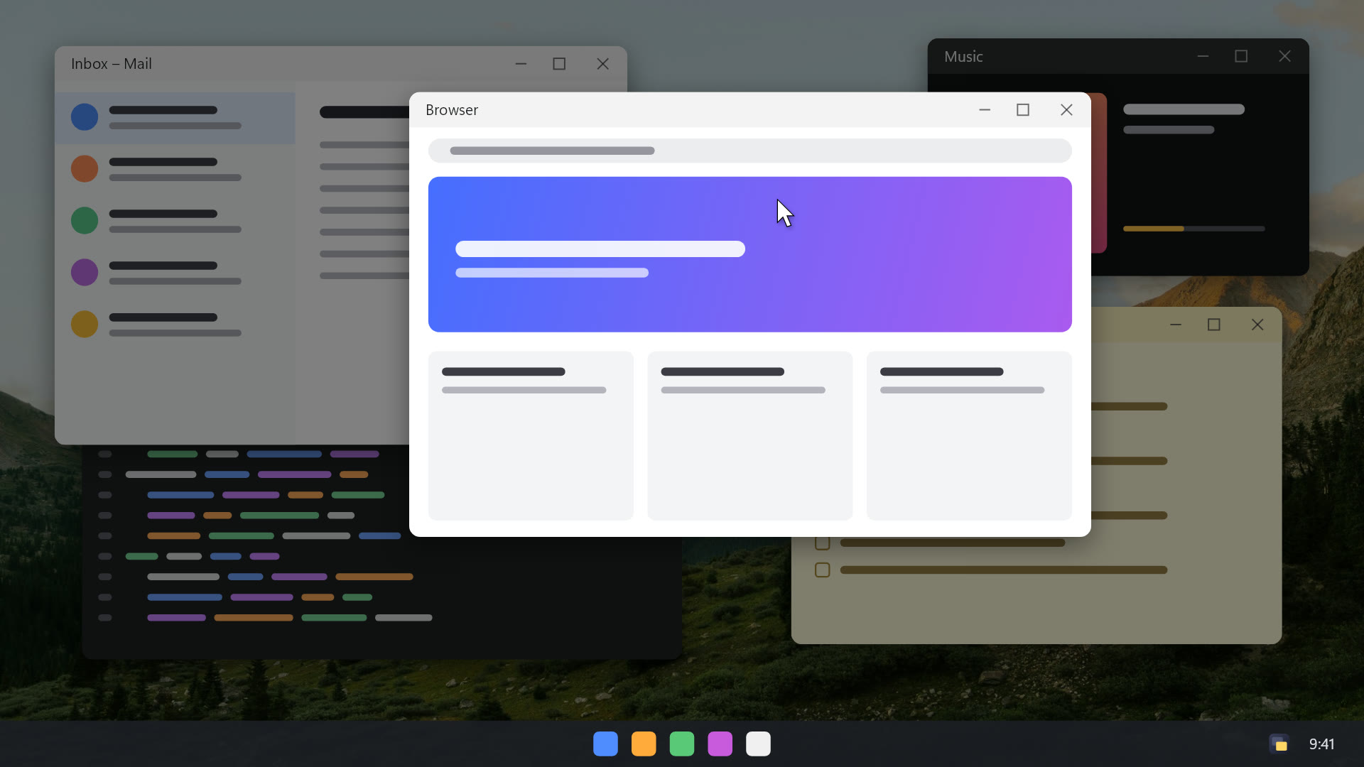 Browser window active after switching, the rest dimmed